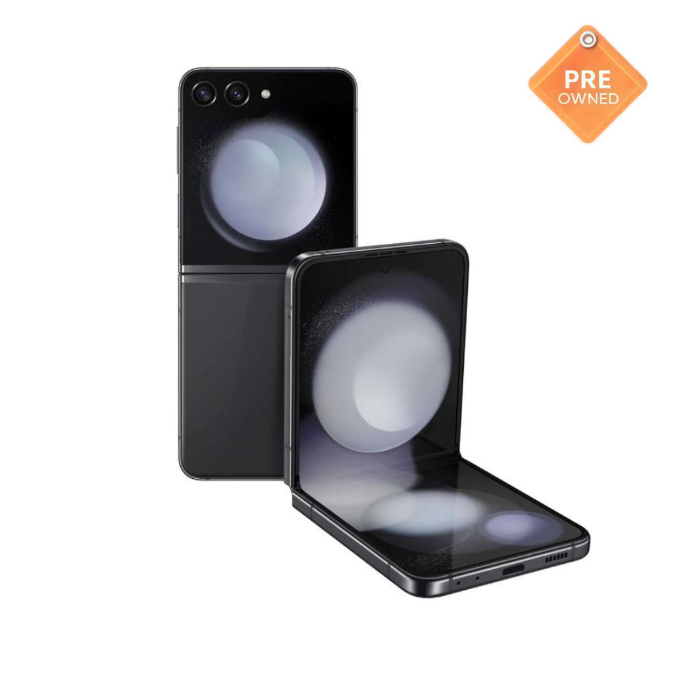 1 Pre-owned Samsung Galaxy Z Flip5 with compact foldable design, clean display, and dual-camera setup.